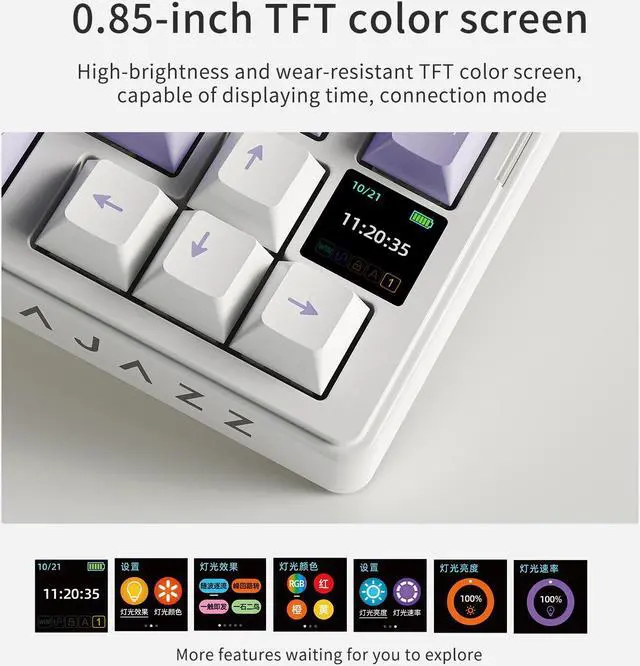 Alt view image 5 of 7 - FirstBlood AKS075 three-mode ergonomic wireless mechanical keyboard, hot-swappable, VIA color screen, RGB, gasket structure, suitable for office games and e-sports Flying fish switch purple white blue