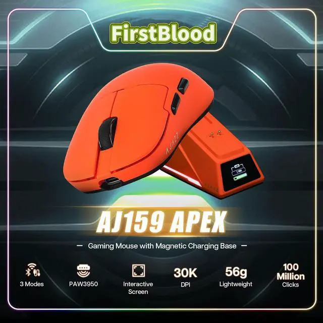 Main image of FirstBlood AJ159 APEX PAW3950 8Khz Ultralight Gaming Mouse with RGB Magnetic Charging Dock 42000dpi optical sensor 100 million clicks Ice Sensation Coated Trip-Mode Mouse Orange