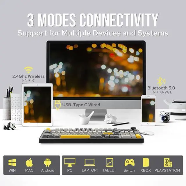 Alt view image 4 of 5 - FirstBlood AK980 98% Mechanical Keyboard, BT5.0/USB-C/2.4GHz Wireless Gaming Keyboard, Hot Swappable Creamy Custom Keyboard with 1.14 TFT Screen, Knob, RGB for Win/Mac (Qinyun Switch)