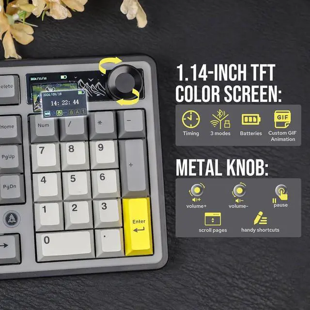 Alt view image 3 of 5 - FirstBlood AK980 98% Mechanical Keyboard, BT5.0/USB-C/2.4GHz Wireless Gaming Keyboard, Hot Swappable Creamy Custom Keyboard with 1.14 TFT Screen, Knob, RGB for Win/Mac (Qinyun Switch)