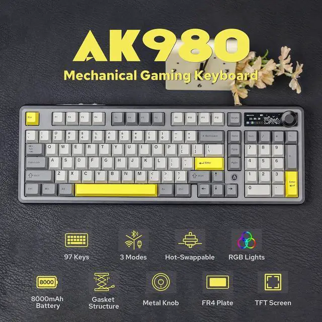 Alt view image 2 of 5 - FirstBlood AK980 98% Mechanical Keyboard, BT5.0/USB-C/2.4GHz Wireless Gaming Keyboard, Hot Swappable Creamy Custom Keyboard with 1.14 TFT Screen, Knob, RGB for Win/Mac (Qinyun Switch)