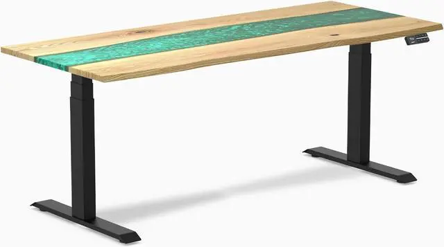 Main image of Desky Dual Resin Hardwood Sit Stand Desk - White Ash Emerald River / 72 x 30 inches / Matte Black