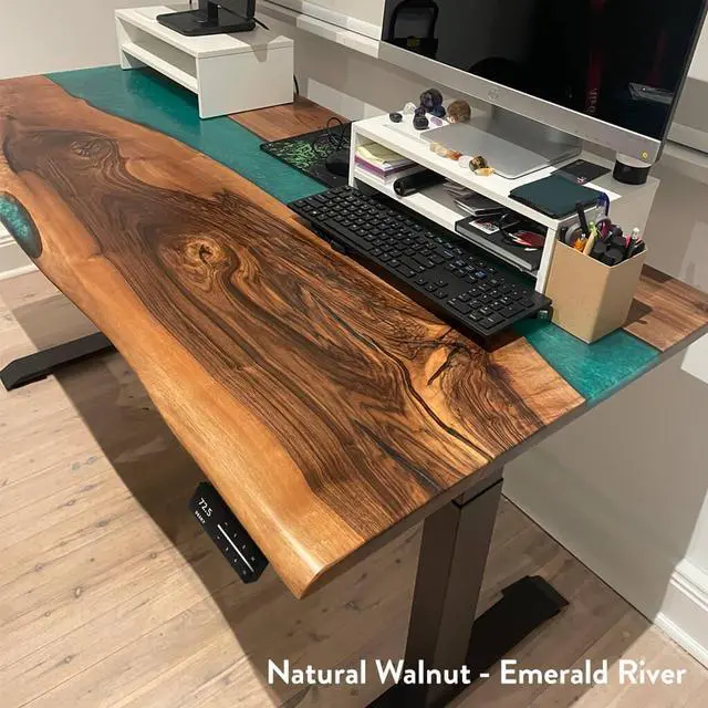 Alt view image 3 of 7 - Desky Dual Resin Hardwood Sit Stand Desk - Natural Walnut Emerald River / 72 x 30 inches / White
