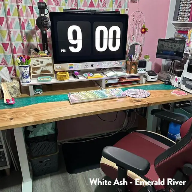 Alt view image 4 of 7 - Desky Dual Resin Hardwood Sit Stand Desk - Natural Walnut Emerald River / 72 x 30 inches / White