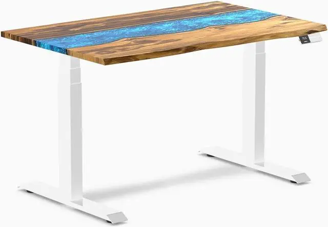Main image of Desky Dual Resin Hardwood Sit Stand Desk - Teak Blue River / 48 x 30 inches / White