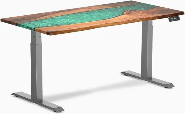 Main image of Desky Dual Resin Hardwood Sit Stand Desk - Natural Walnut Emerald River / 60 x 30 inches / Space Gray