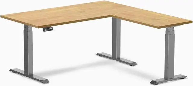 Main image of Desky Rubberwood L-Shape Sit Stand Desk - Light Oak / 60 x 30 x 62 x 20 in / Space Gray
