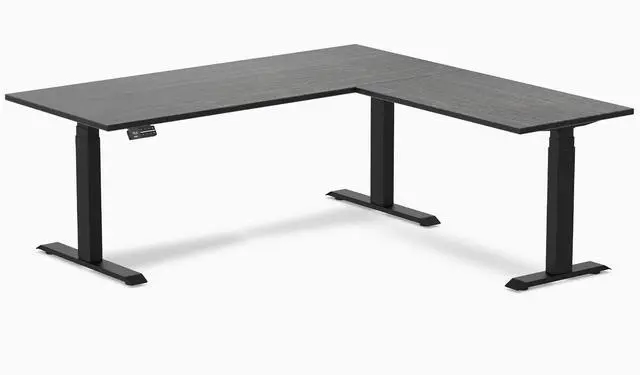Main image of Desky Bamboo L-Shape Sit Stand Desk - Dark Bamboo / 72 x 30 x 70 x 24 in / Matte Black