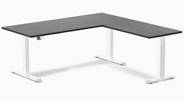 Main image of Desky Bamboo L-Shape Sit Stand Desk - Dark Bamboo / 72 x 30 x 70 x 24 in / White