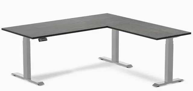 Main image of Desky Bamboo L-Shape Sit Stand Desk - Dark Bamboo / 72 x 30 x 70 x 24 in / Gray