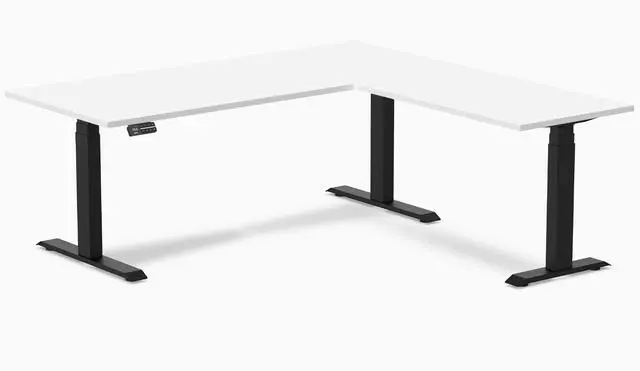 Main image of Desky L-Shape Laminate Sit Stand Desk - White / 70.9 x 29.5 x 69.5 x 24 in / Matte Black