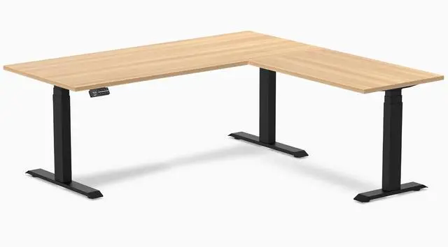 Main image of Desky L-Shape Laminate Sit Stand Desk - Sublime Teak / 70.9 x 29.5 x 69.5 x 24 in / Matte Black