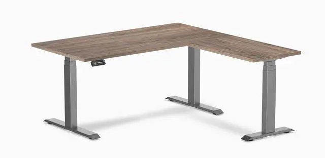 Main image of Desky Eco L-Shape Laminate Sit Stand Desk - Natural Walnut / 59 x 29.5 x 61.5 x 20 in / Space Gray