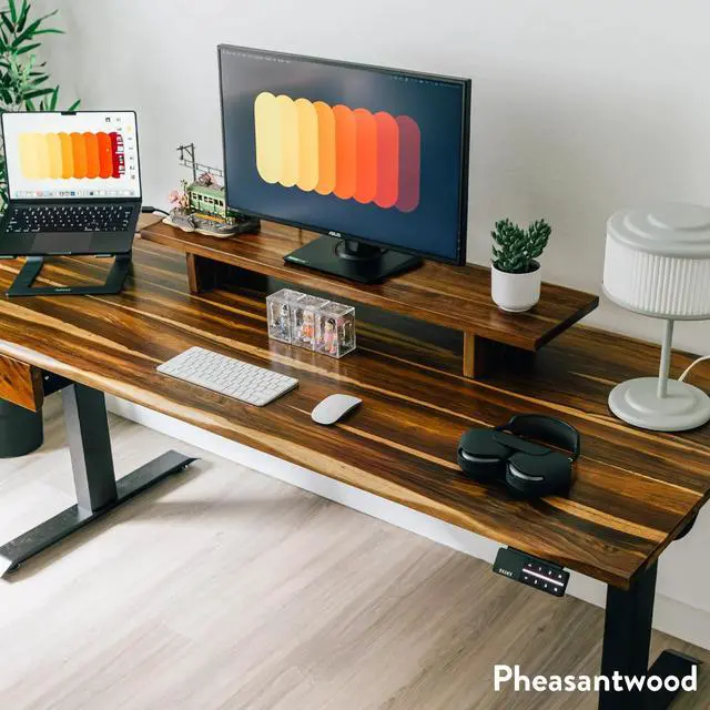 Alt view image 3 of 7 - Desky Dual Hardwood Sit Stand Desk - Teak / 60 x 30 inches / Gray