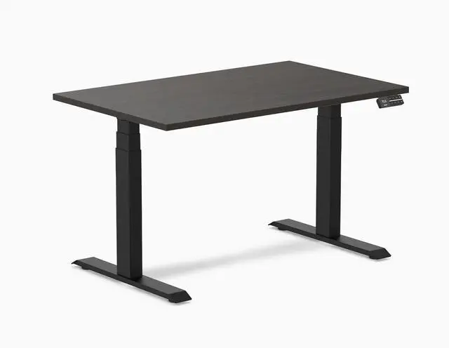 Main image of Desky Dual Laminate Sit Stand Desk - Burnished Wood  / 47.2 x 29.5 in / Matte Black