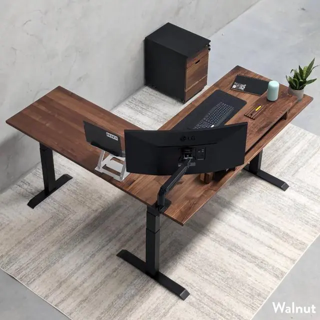 Alt view image 3 of 7 - Desky Hardwood L-Shape Sit Stand Desk - White Oak / 72 x 30 x 70 x 24 in / Matte Black