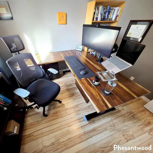 Alt view image 4 of 7 - Desky Hardwood L-Shape Sit Stand Desk - White Oak / 72 x 30 x 70 x 24 in / Matte Black