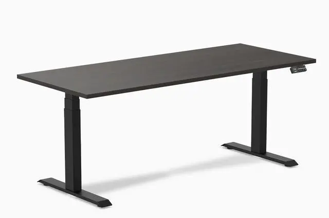 Main image of Desky Dual Laminate Sit Stand Desk - Burnished Wood / 70.9 x 29.5 in / Matte Black