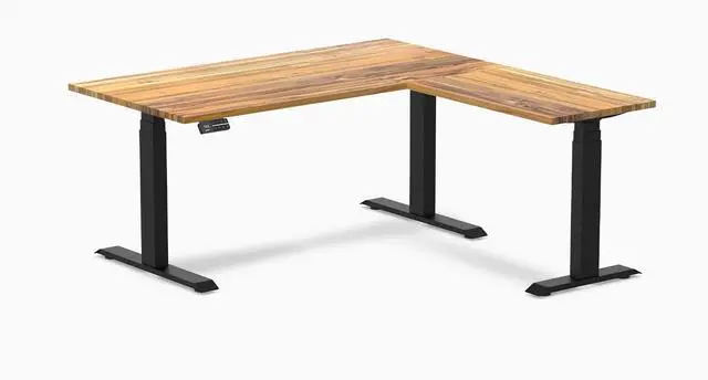 Main image of Desky Hardwood L-Shape Sit Stand Desk - Teak / 60 x 30 x 62 x 20 in / Matte Black