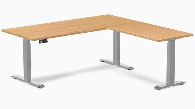 Main image of Desky Hardwood L-Shape Sit Stand Desk - Maple / 72 x 30 x 70 x 24 in / Gray