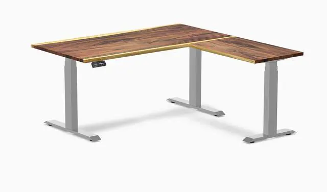 Main image of Desky Hardwood L-Shape Sit Stand Desk - Saman / 60 x 30 x 62 x 20 in / Gray