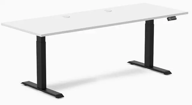 Main image of Desky Dual Laminate Sit Stand Desk - White / 78.7 x 29.5 in with Grommets / Matte Black