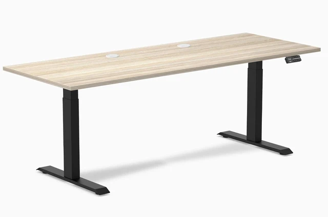 Main image of Desky Dual Laminate Sit Stand Desk - Classic Oak / 78.7 x 29.5 in with Grommets / Matte Black