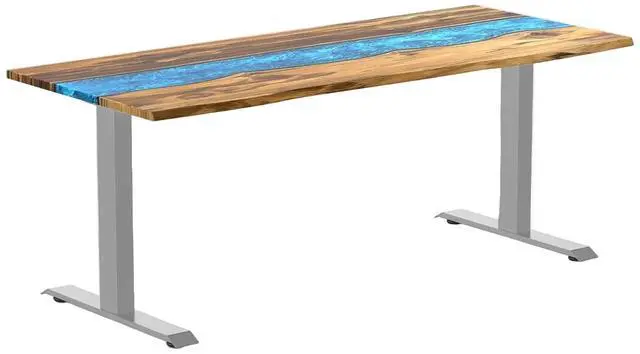Main image of Desky Resin Hardwood Office Desk - Teak Blue River / 72 x 30 in / Gray