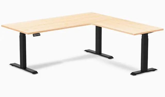 Main image of Desky Hardwood L-Shape Sit Stand Desk - Maple / 72 x 30 x 70 x 24 in / Matte Black