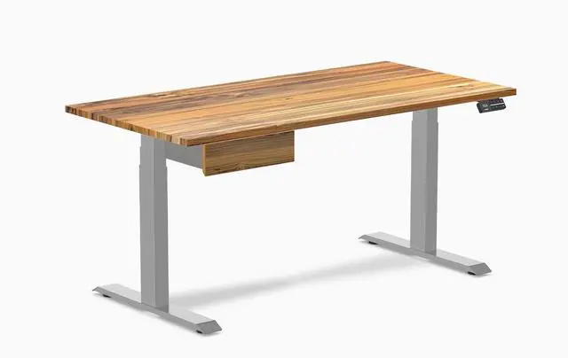 Main image of Desky Dual Hardwood Standing Desk With Drawer - Teak / 60 x 30 in / Gray