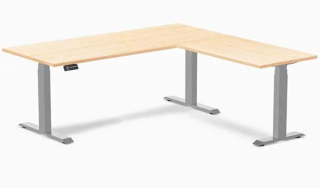 Main image of Desky Hardwood L-Shape Sit Stand Desk - Maple / 72 x 30 x 70 x 24 in / Gray