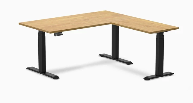 Main image of Desky Rubberwood L-Shape Sit Stand Desk - Light Oak / 60 x 30 x 62 x 20 in / Matte Black