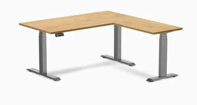 Main image of Desky Rubberwood L-Shape Sit Stand Desk - Light Oak / 60 x 30 x 62 x 20 in / Space Gray