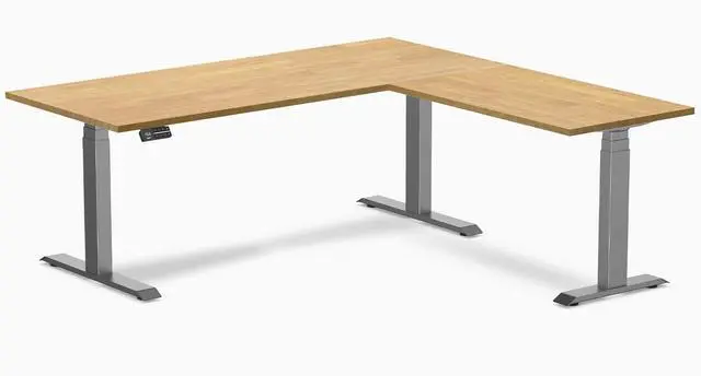 Main image of Desky Rubberwood L-Shape Sit Stand Desk - Light Oak / 72 x 30 x 70 x 24 in / Space Gray