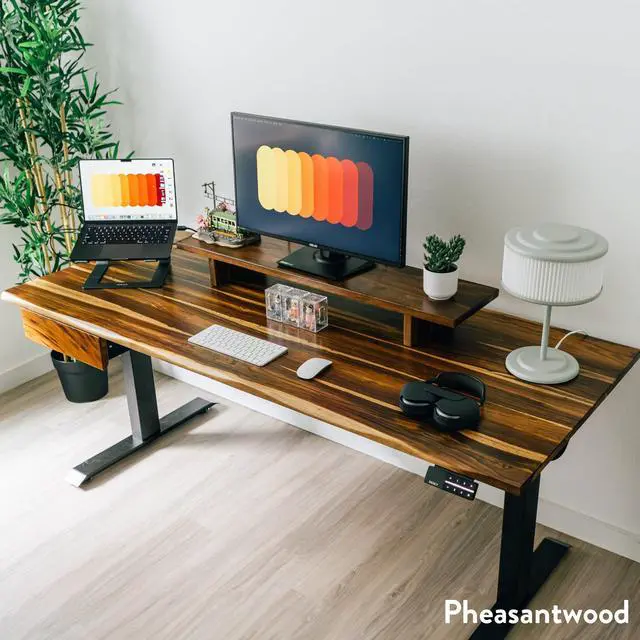 Alt view image 3 of 6 - Desky Dual Hardwood Standing Desk With Drawer - Acacia / 60 x 30 in with Grommets / White
