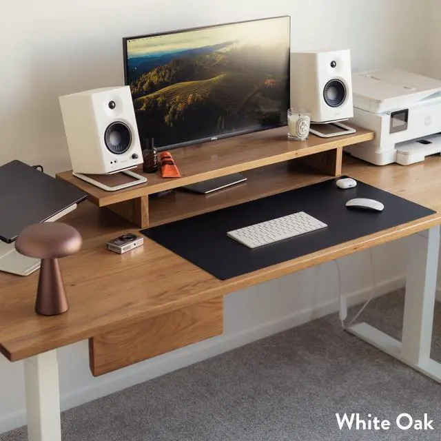 Alt view image 4 of 6 - Desky Dual Hardwood Standing Desk With Drawer - Acacia / 60 x 30 in with Grommets / White