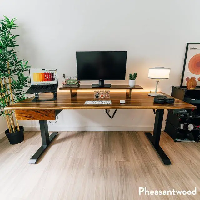 Alt view image 6 of 6 - Desky Dual Hardwood Standing Desk With Drawer - Acacia / 60 x 30 in with Grommets / White