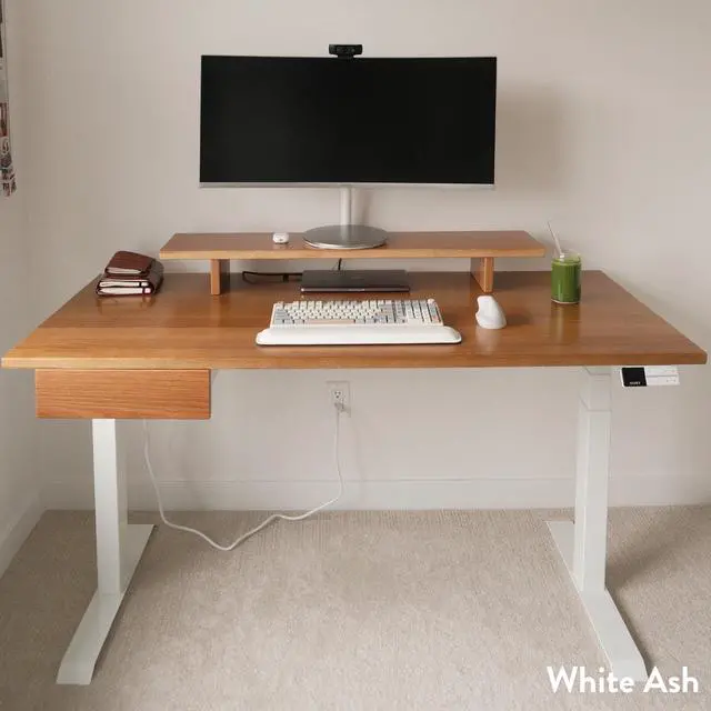 Alt view image 5 of 6 - Desky Dual Hardwood Standing Desk With Drawer - Acacia / 60 x 30 in with Grommets / White