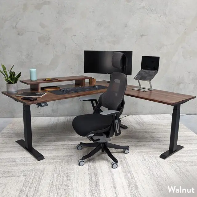 Alt view image 4 of 6 - Desky Hardwood L-Shape Sit Stand Desk - Maple / 72 x 30 x 70 x 24 in with Grommets / Matte Black