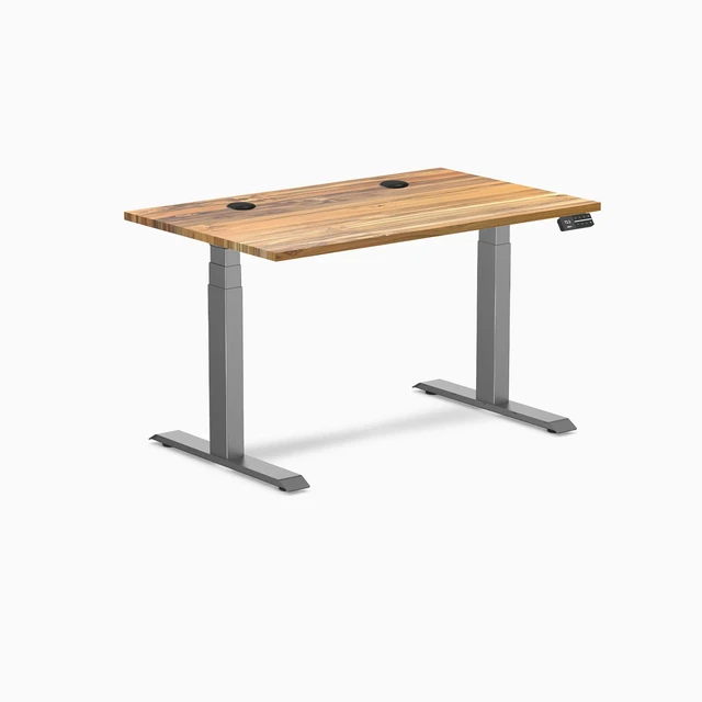 Alt view image 8 of 8 - Desky Dual Hardwood Sit Stand Desk - Teak / 48 x 30 inches with Grommets / Space Grey