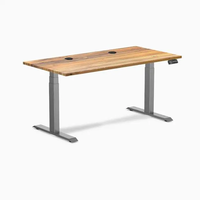 Alt view image 8 of 8 - Desky Dual Hardwood Sit Stand Desk - Teak / 60 x 30 inches with Grommets / Space Grey