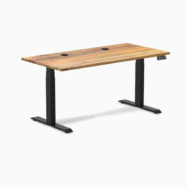 Alt view image 8 of 8 - Desky Dual Hardwood Sit Stand Desk - Teak / 60 x 30 inches with Grommets / Matte Black