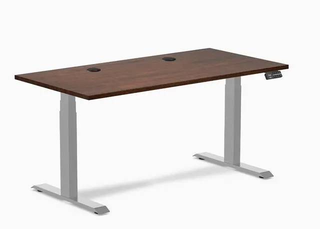 Alt view image 8 of 14 - Desky Dual Rubberwood Sit Stand Desk - Red Walnut / 60 x 30 inches with Grommets / Grey