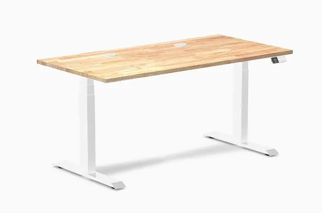 Alt view image 8 of 14 - Desky Dual Rubberwood Sit Stand Desk - Natural Timber / 60 x 30 inches with Grommets / White