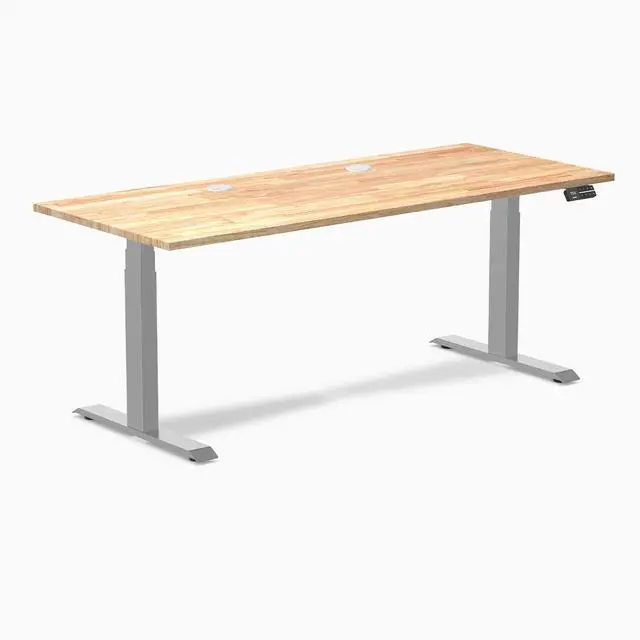 Alt view image 8 of 14 - Desky Dual Rubberwood Sit Stand Desk - Natural Timber / 72 x 30 inches with Grommets / Grey