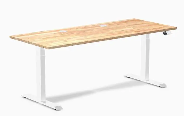 Alt view image 8 of 14 - Desky Dual Rubberwood Sit Stand Desk - Natural Timber / 72 x 30 inches with Grommets / White