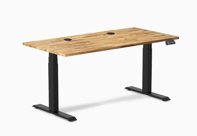 Alt view image 8 of 13 - Desky Dual Softwood Sit Stand Desk - Acacia / 60 x 30 inches with Grommets / Matte Black