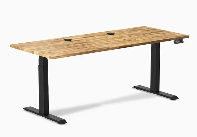 Alt view image 7 of 12 - Desky Dual Softwood Sit Stand Desk - Acacia / 72 x 30 inches with Grommets / Matte Black