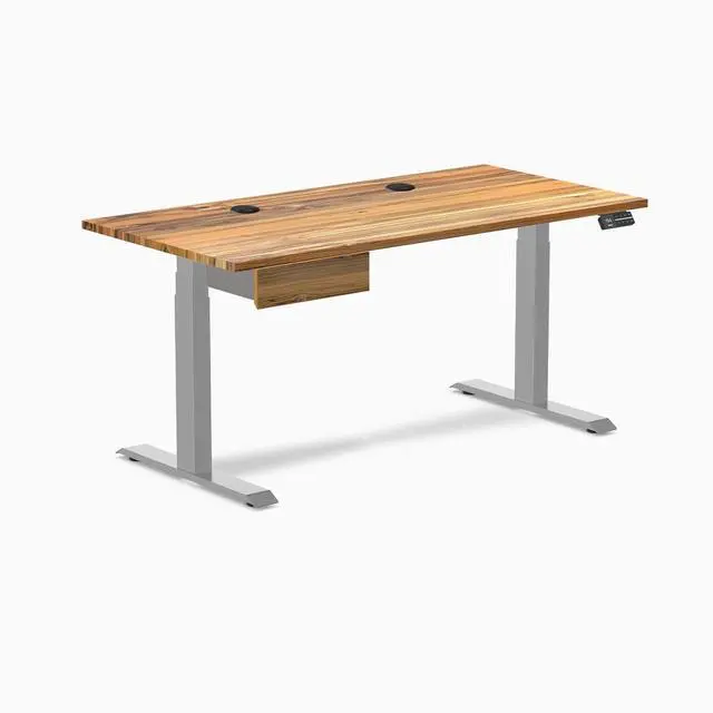 Alt view image 8 of 13 - Desky Dual Hardwood Standing Desk With Drawer - Teak / 60 x 30 inches with Grommets / Grey