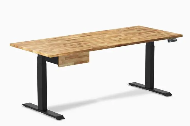 Main image of Desky Dual Hardwood Standing Desk With Drawer - Acacia / 72 x 30 in / Matte Black